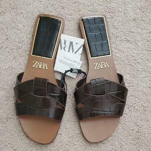Zara Dark Brown Croc-Embossed Slides